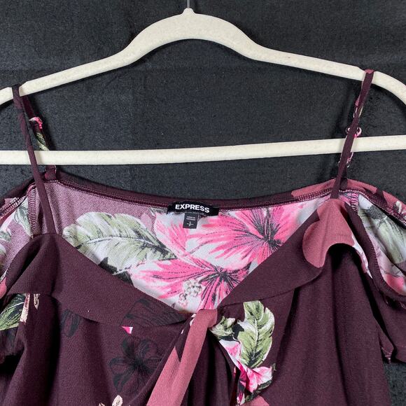 Express Womens Blouse Purple Multi Floral V Neck Cold Shoulder Crop Top Small - Picture 2 of 10
